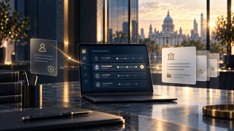 Legal practice workflow and case progression concept in a refined modern dashboard environment.